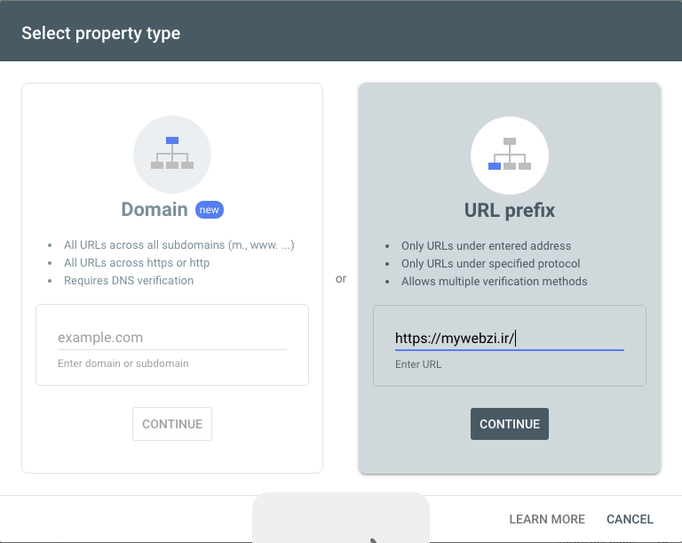 ثبت سایت در گوگل از روش URL Prefix