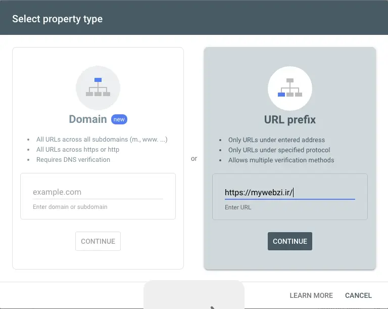ثبت سایت در گوگل از روش URL Prefix